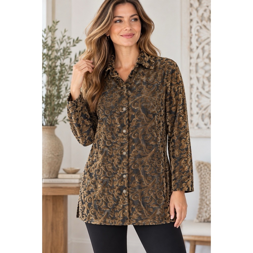VTG Diane Von Furstenberg Shirt Gold Black Velvet M Top Button Front Tunic